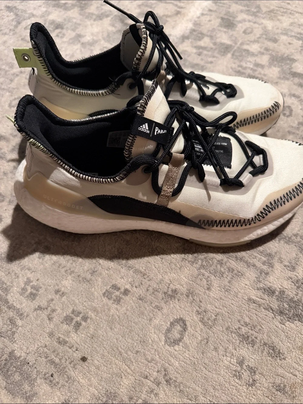 Adidas Parley Ultraboost Off White and Black and Green Athletic Sneakers